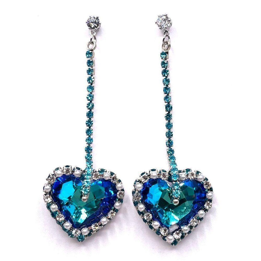 Silver with White and Blue Crystal Dangling Heart Post Back Earrings